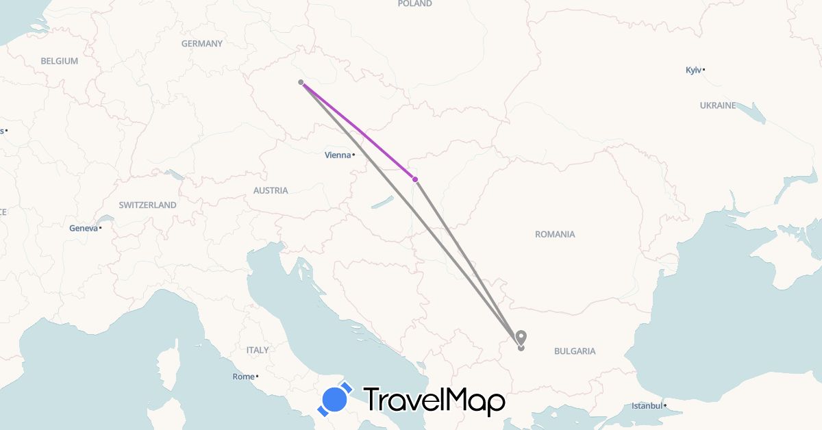 TravelMap itinerary: driving, plane, train in Bulgaria, Czech Republic, Hungary (Europe)